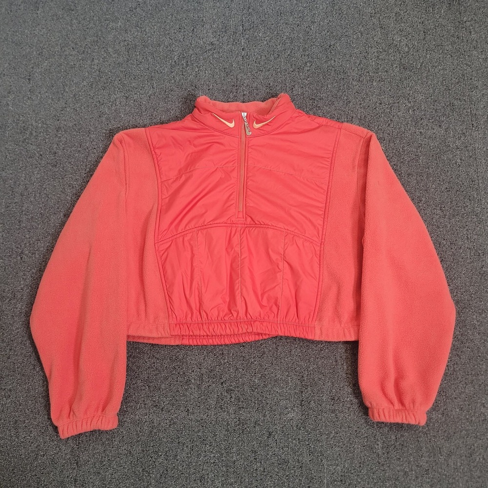 Nike 1X Quarter Zip Fleece Cropped Pullover Coral Ripstop Overlay Mock Neck